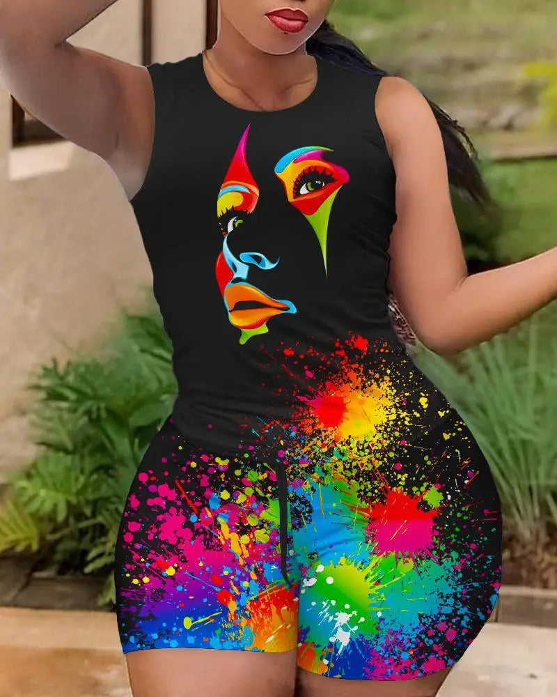 Women's black print tee & hot pants set