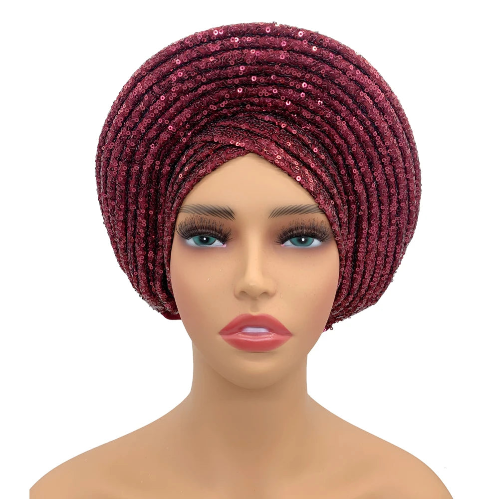 Women's wine red sequin turban cap