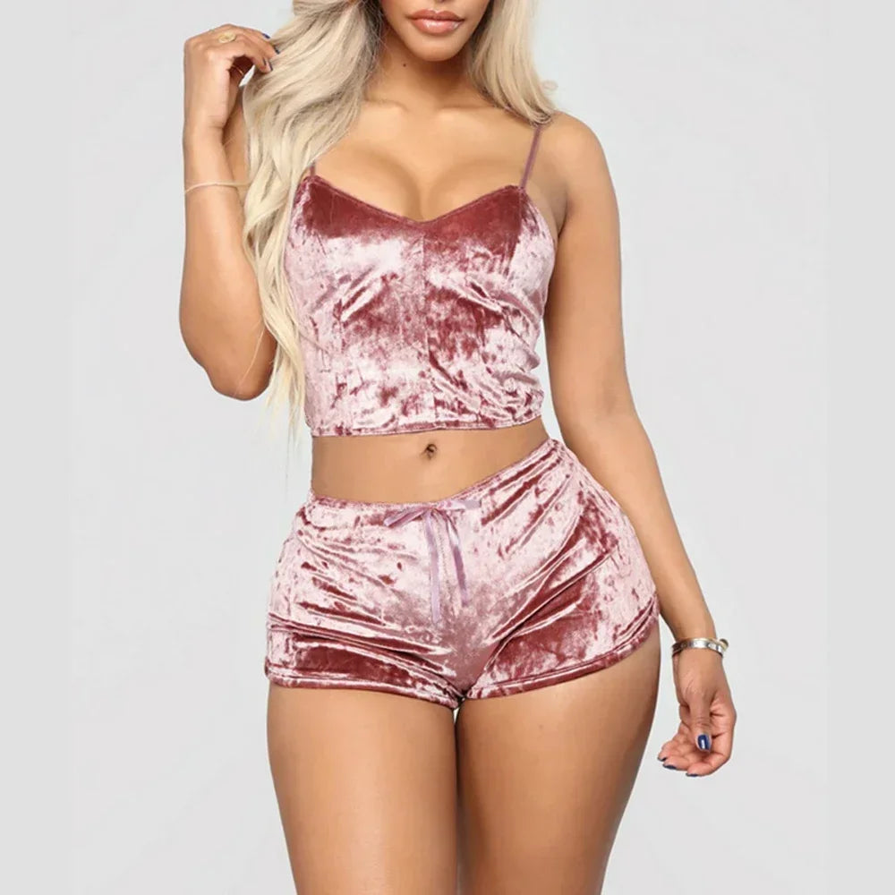 Women's pink velvet camisole & shorts pajamas