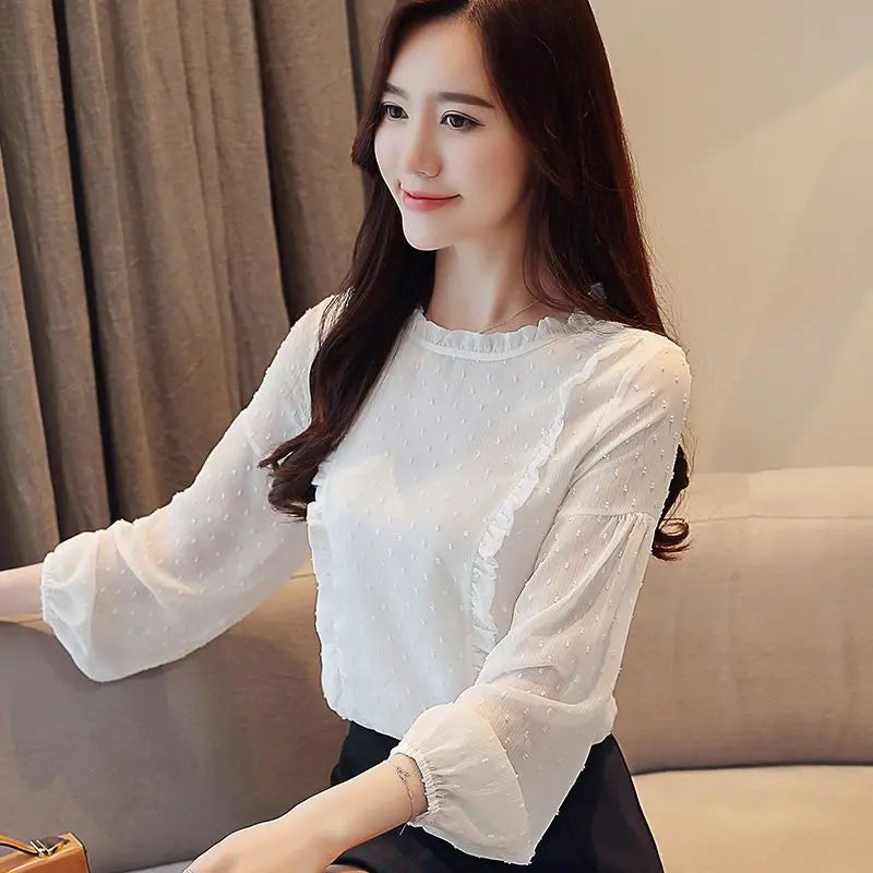 Women's white ruffle chiffon blouse