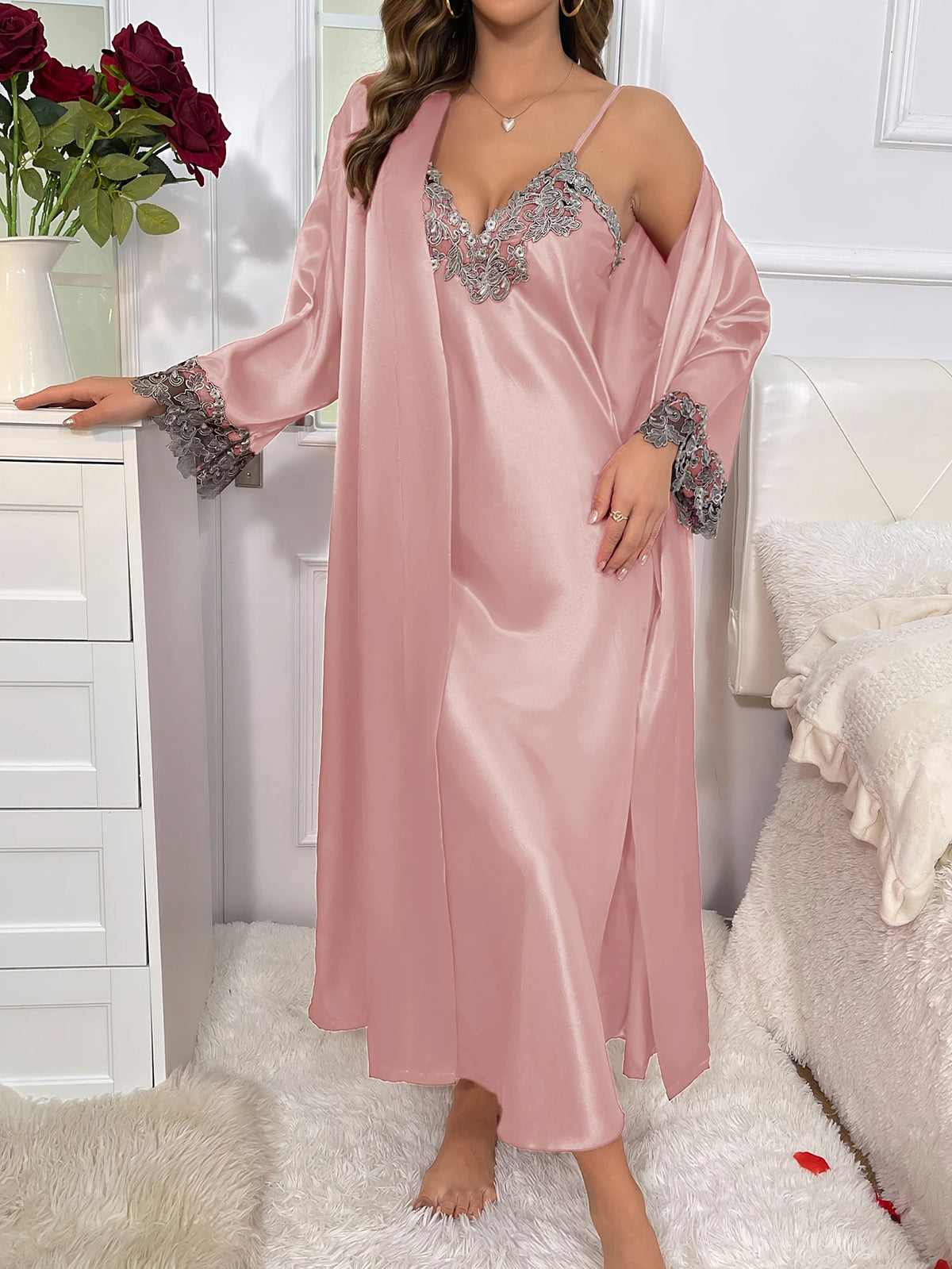 Women's pink lace belted robe & slip set