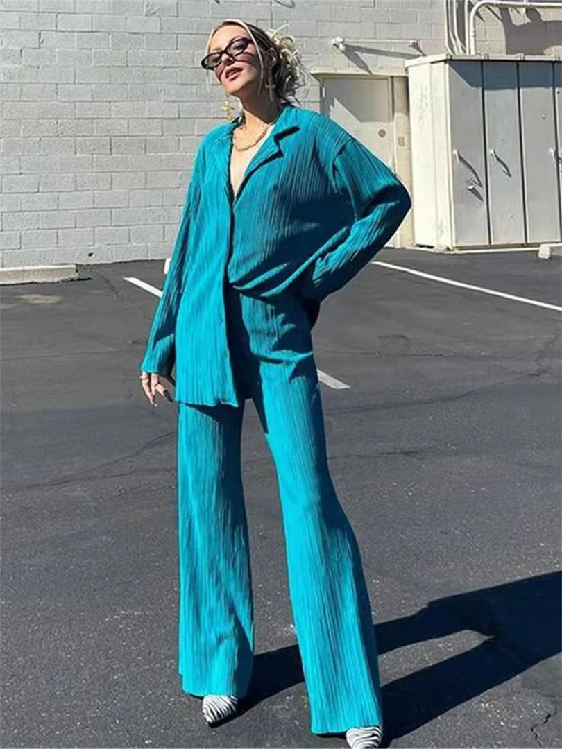 Women's pleated shirt & straight pants