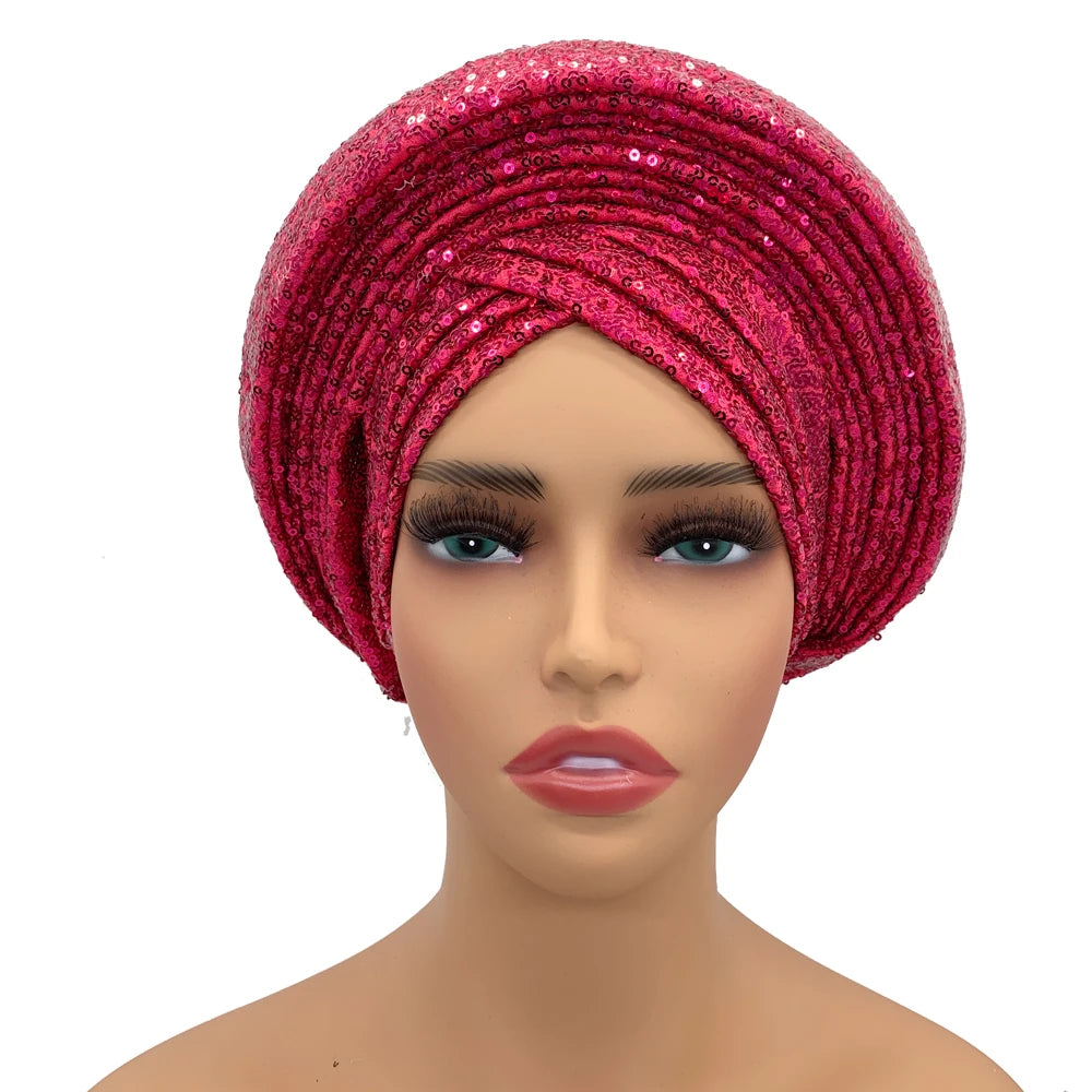 Women's rose red sequin turban cap