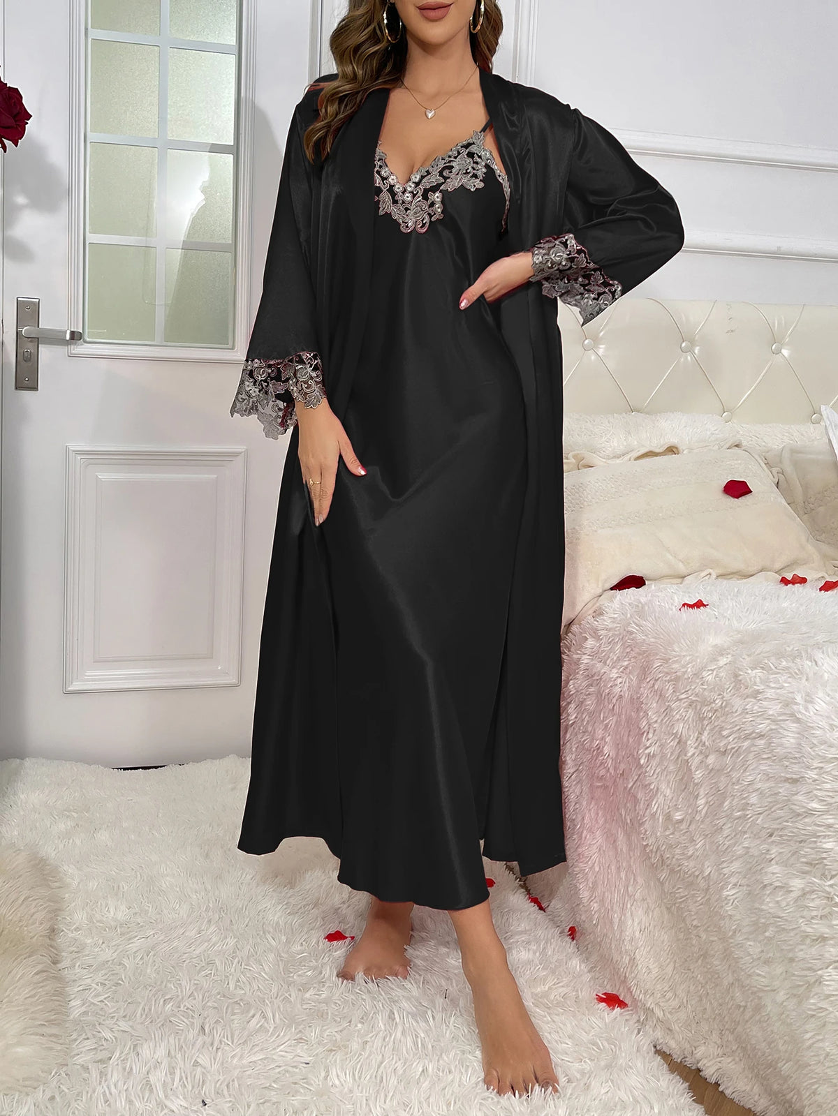 Alternate view: Women's lace belted robe & slip set