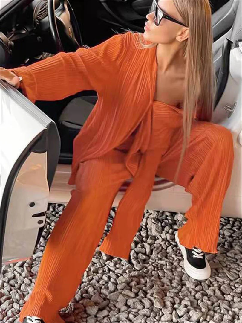 Women's orange pleated shirt & straight pants