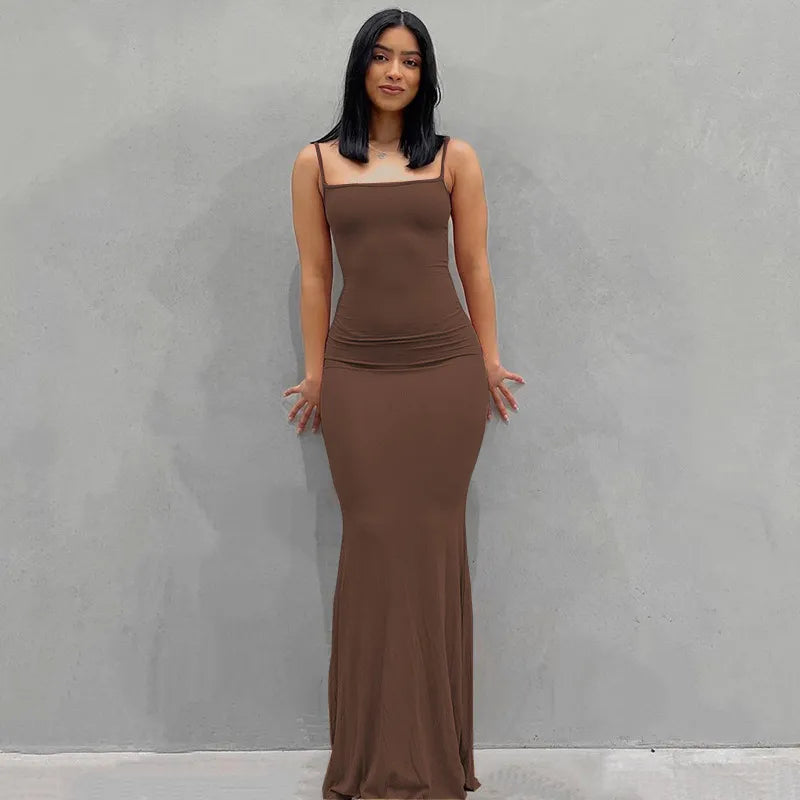 Women's brown satin slip maxi dress