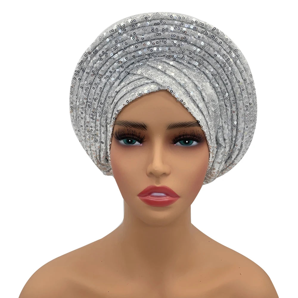 Women's silver sequin turban cap