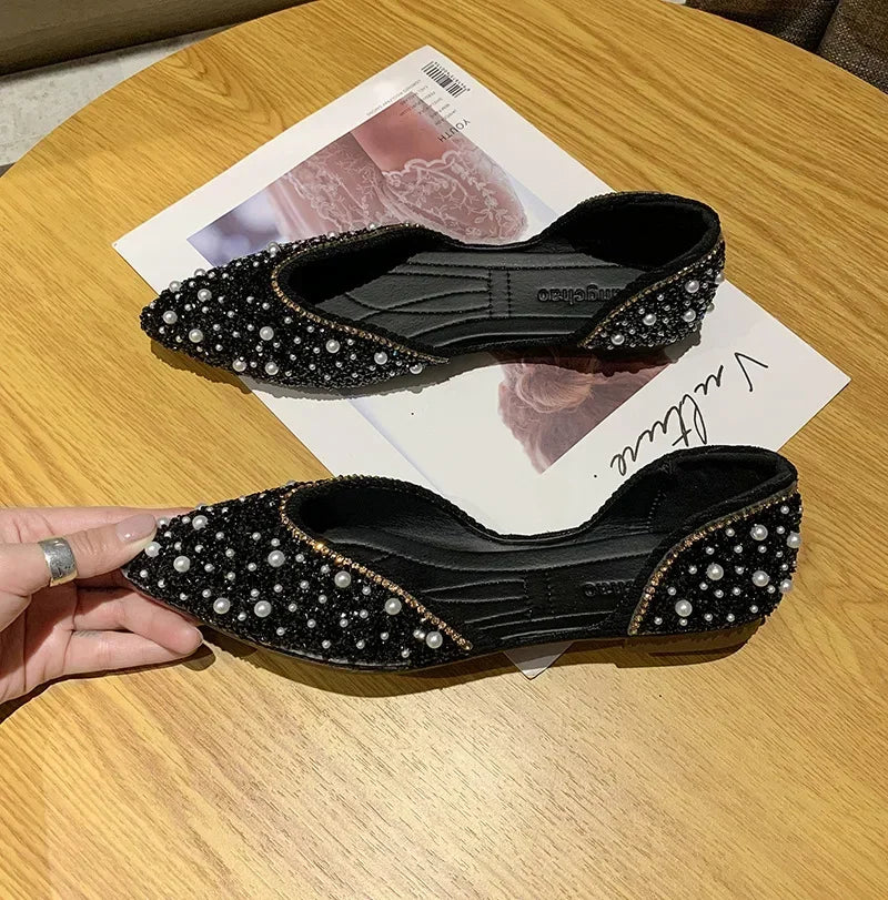 Women's black pointed toe flat loafers