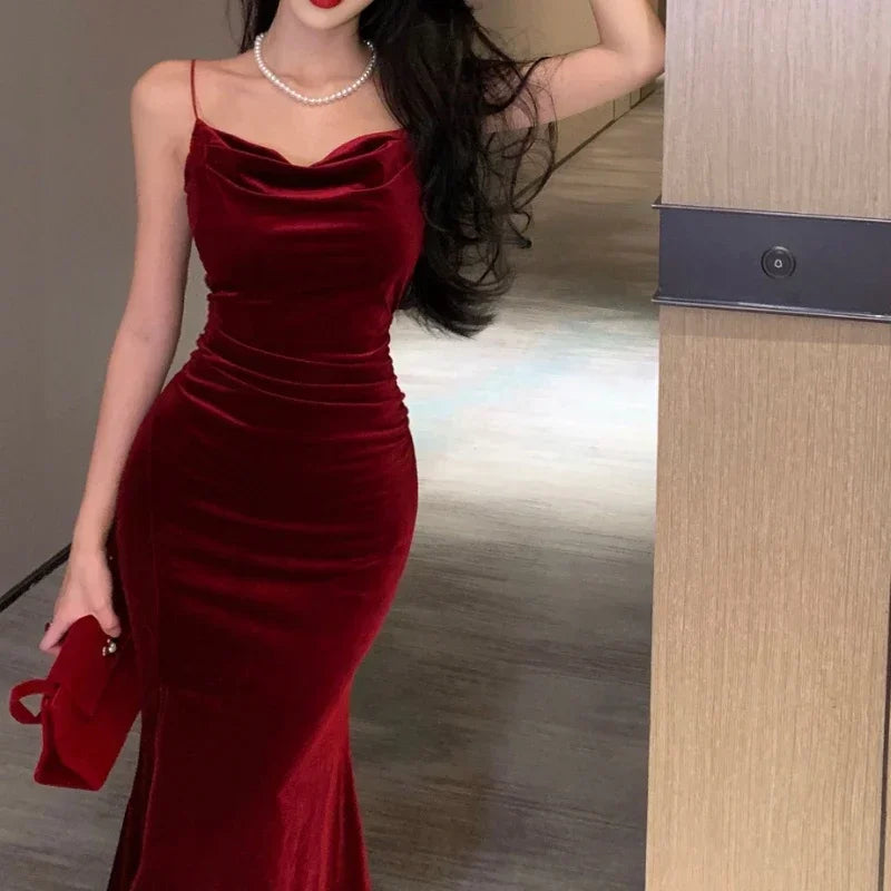 Women's red velvet party dress