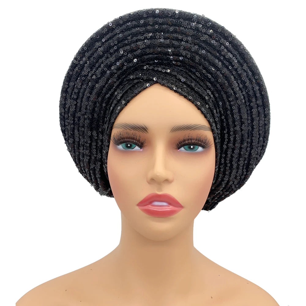 Women's black sequin turban cap