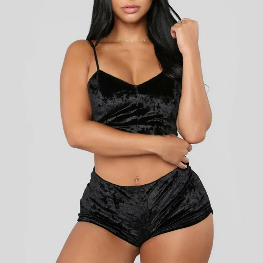 Women's black velvet camisole & shorts pajamas