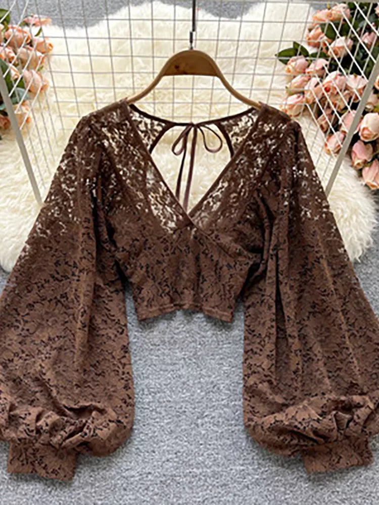 Women's lace puff blouse