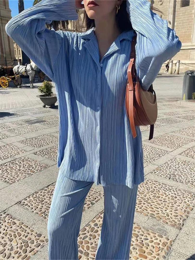 Women's pleated shirt & straight pants