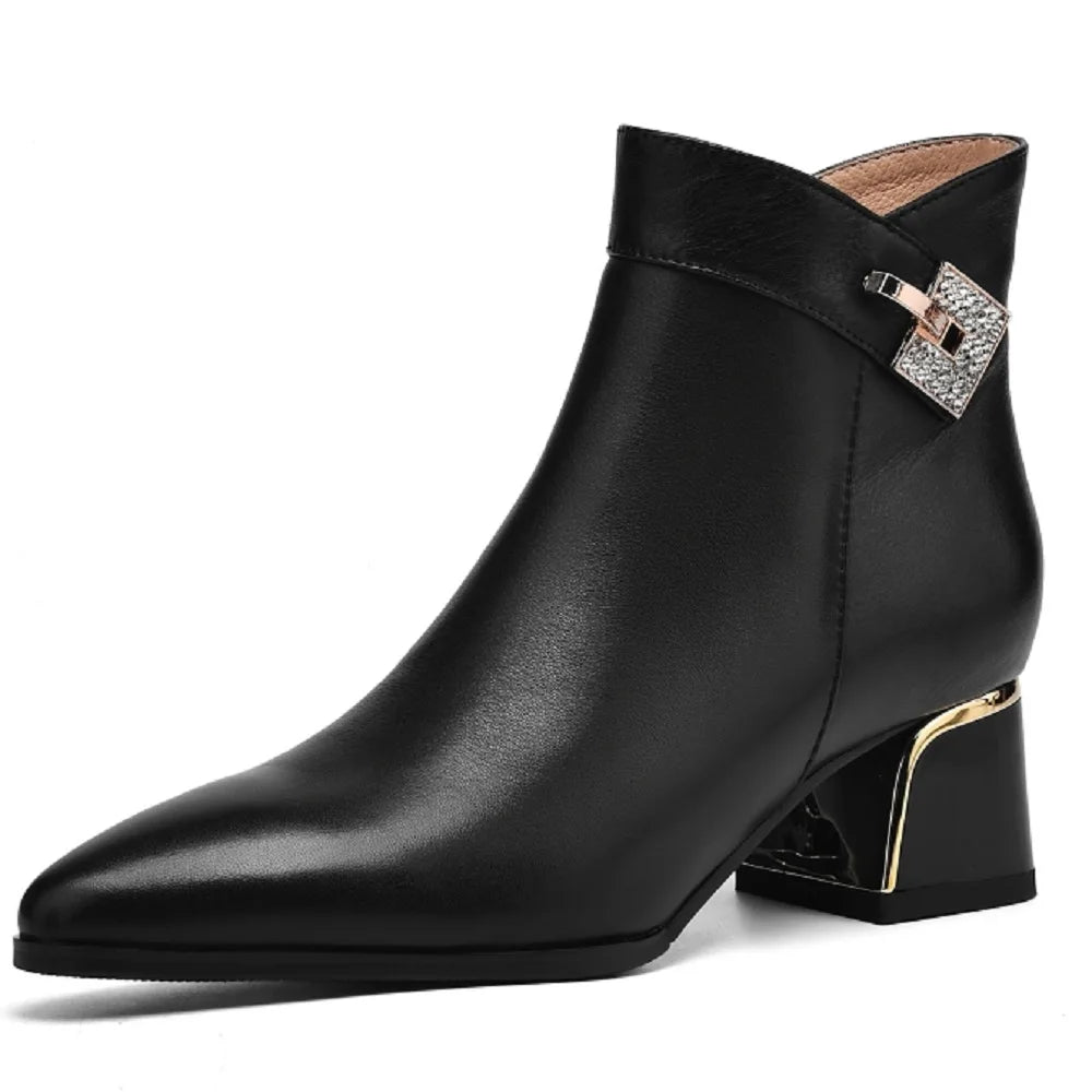 Women's black genuine leather mid-heel boots