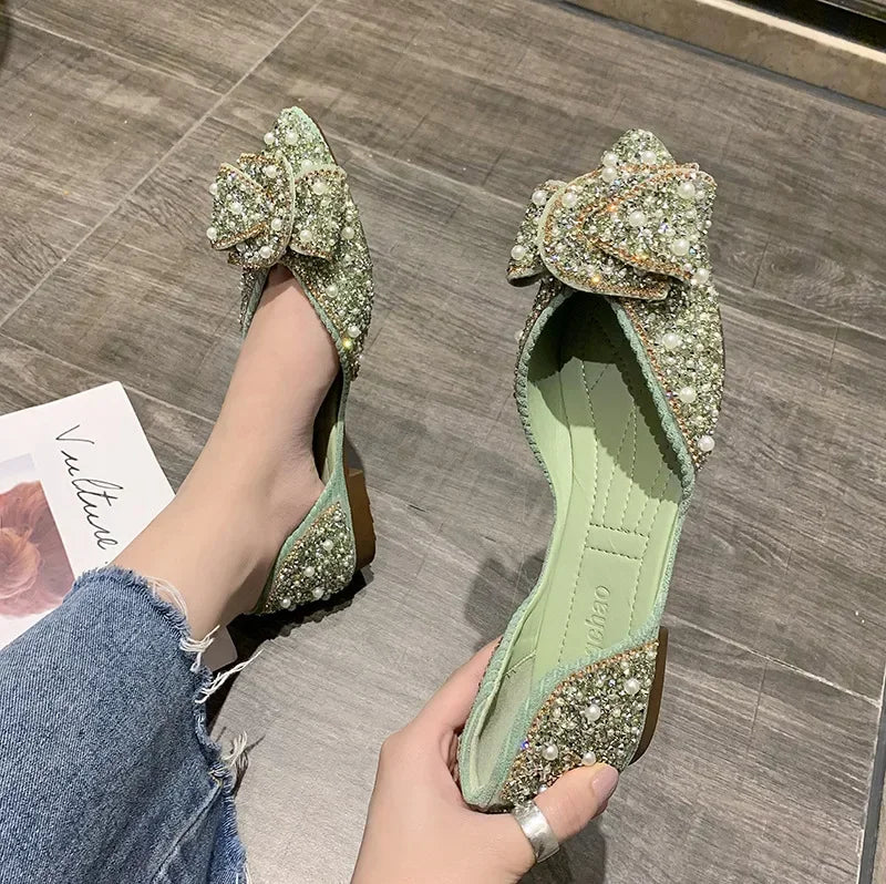 Women's green pointed toe flat loafers