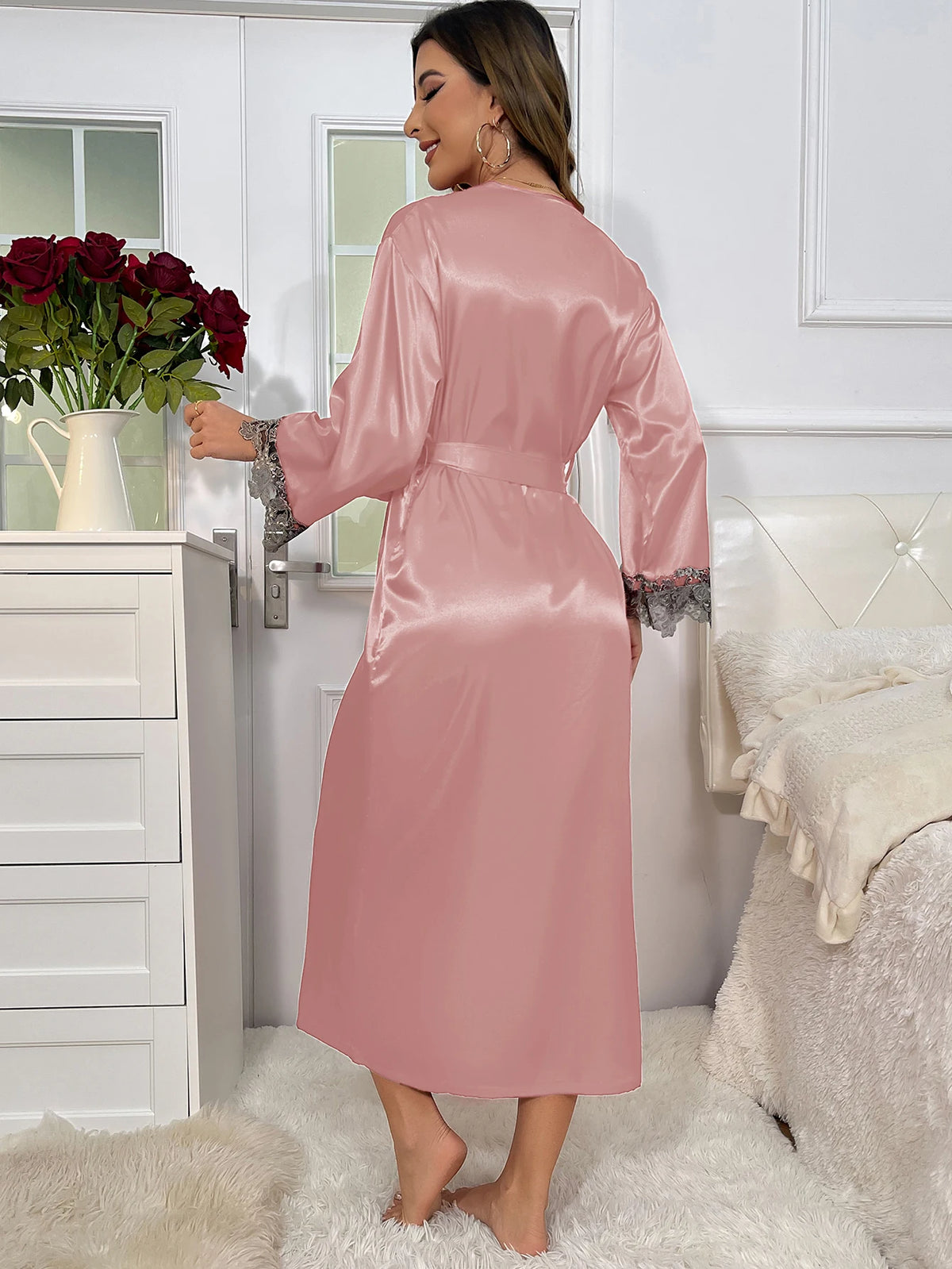 Alternate view: Women's lace belted robe & slip set