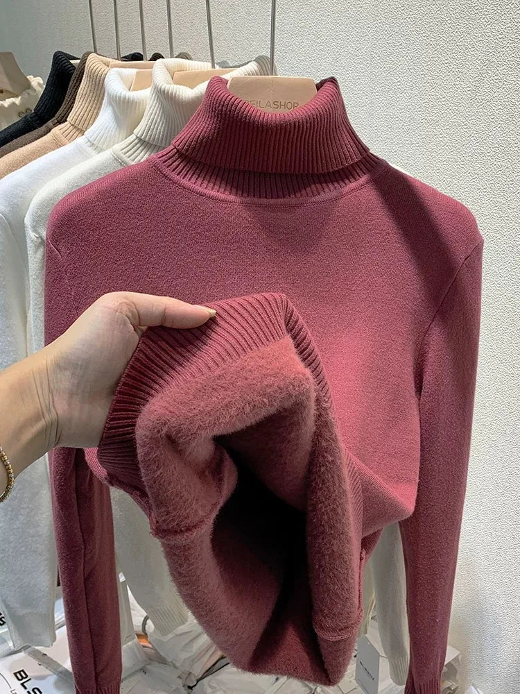 Women's coral red turtleneck sweater