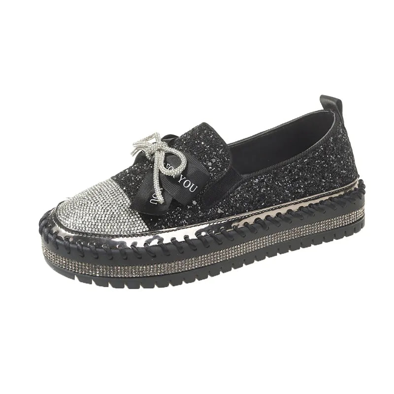 Women's black rhinestone bowknot loafers