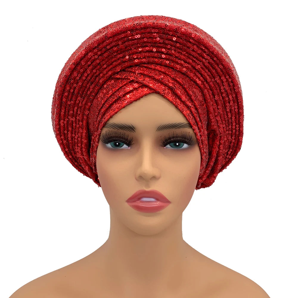 Women's red sequin turban cap