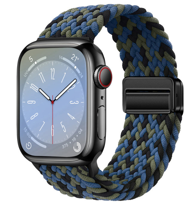 Unisex blue camouflage black button woven loop watch band