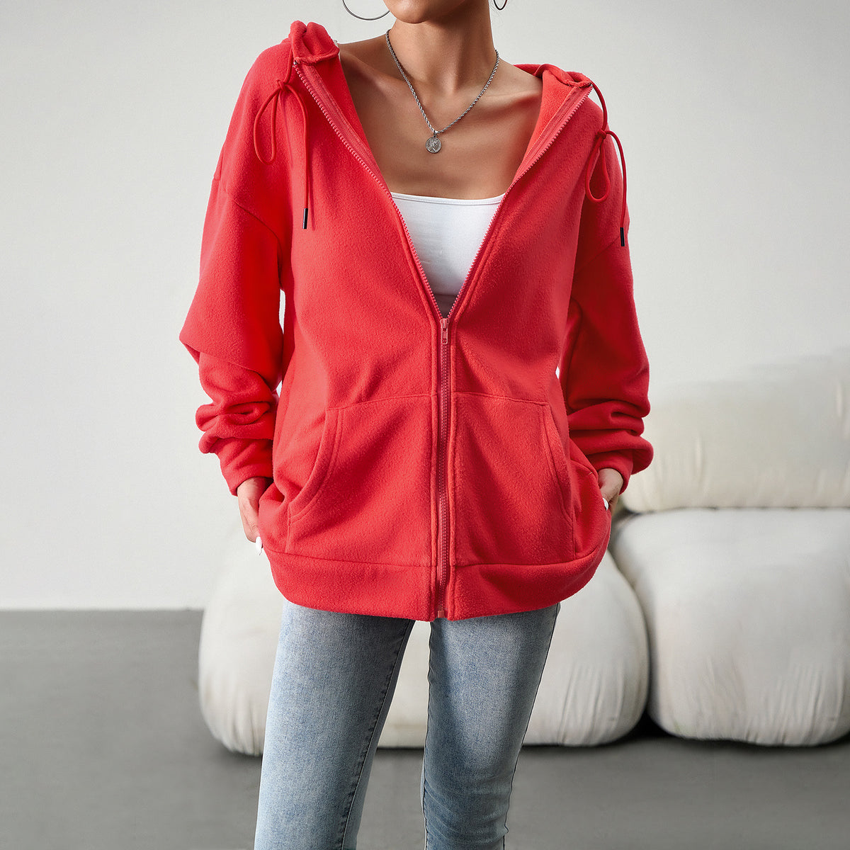 Women's red hooded cardigan jacket