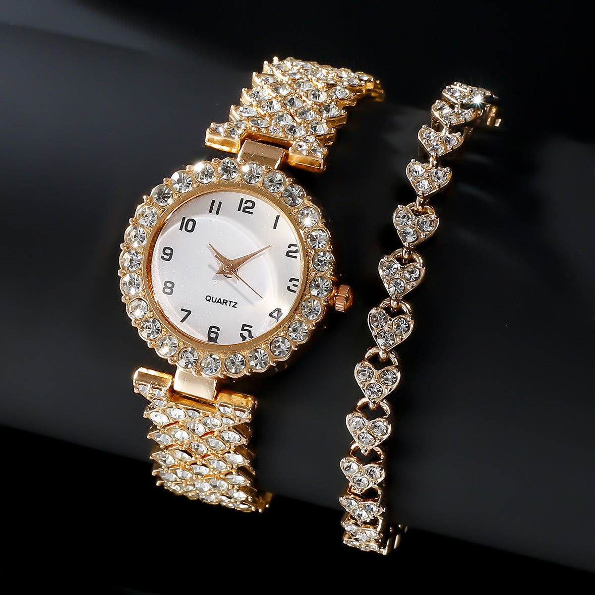 Gold rhinestone watch with heart bracelet