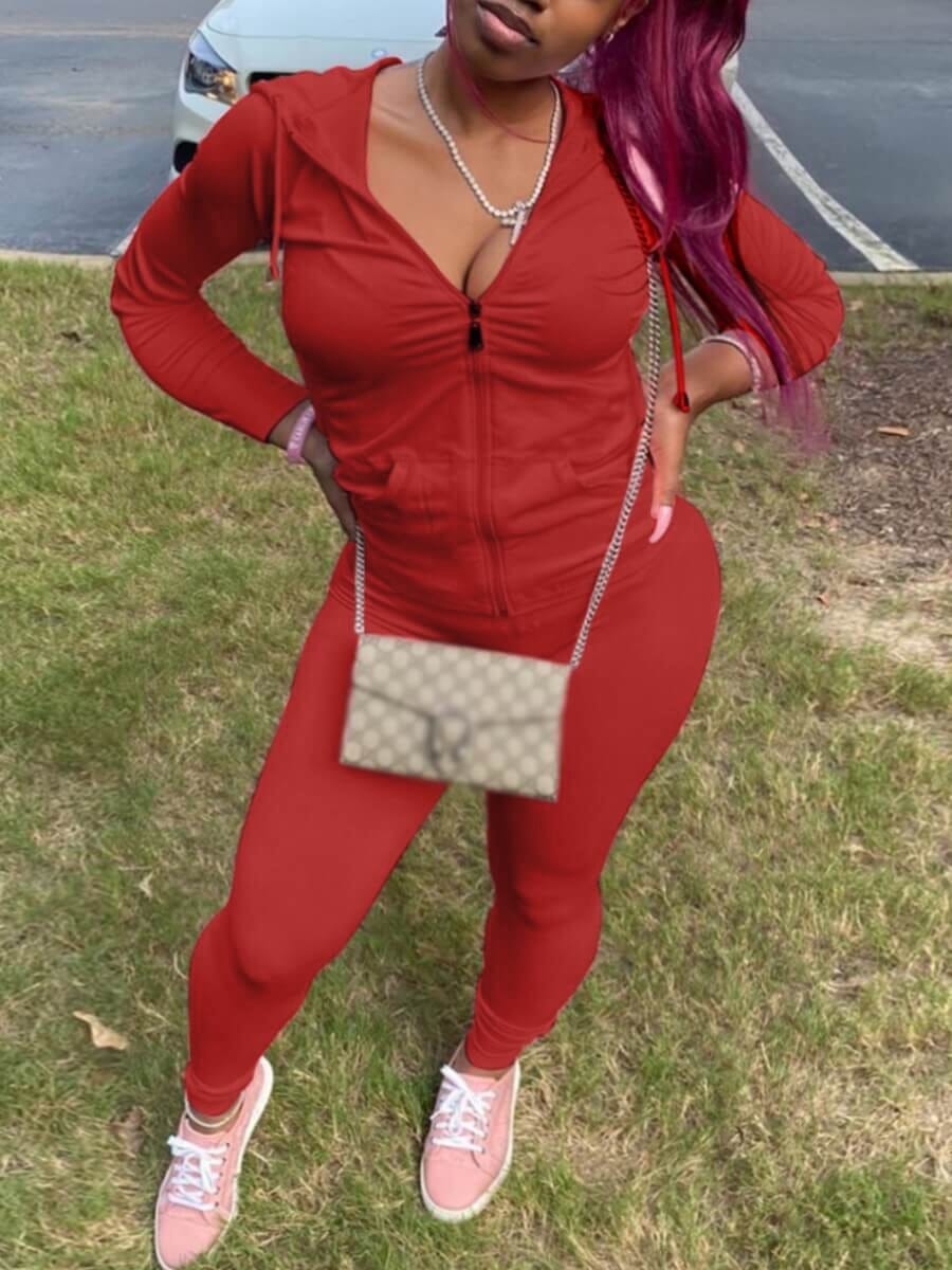 Women's red hooded tracksuit
