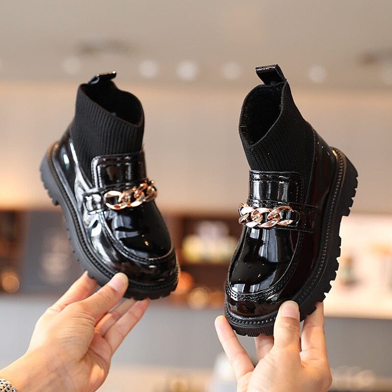 Girls black metal chain boots