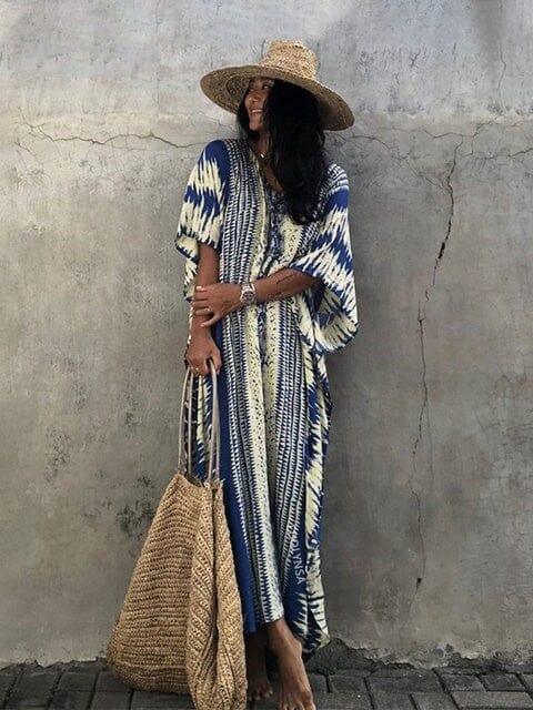 Women's blue striped print kaftan beach cover up