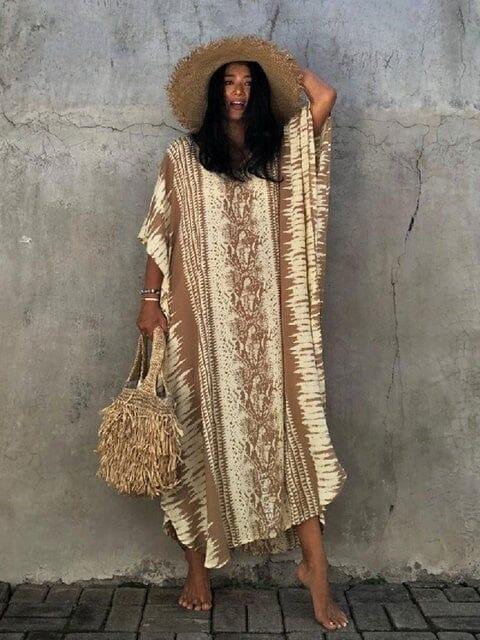 Women's yellow striped print kaftan beach cover up